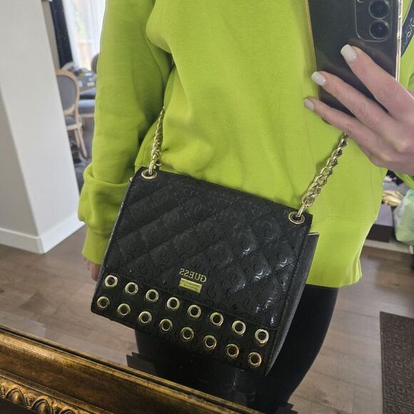 Guess Women's Jordyn Crossbody Handbag Black Grommet Shimmer Small New - Picture 7 of 9